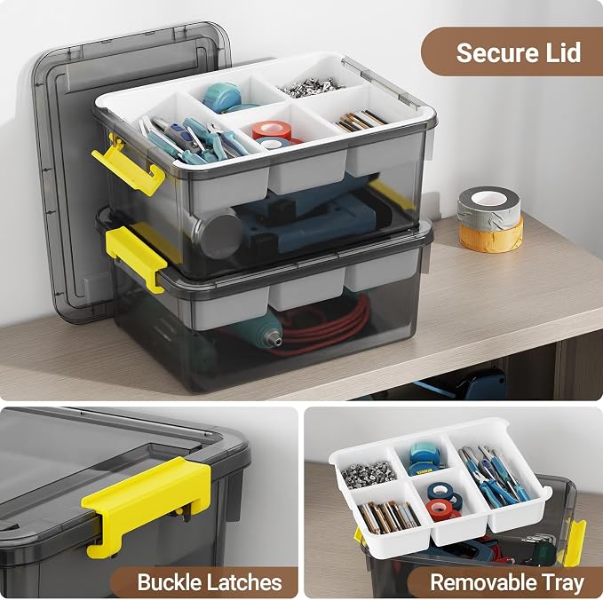 80Qt Stackable Storage Bins with Lids Trays Craft Box Organizers, 4Pack,GY | Clear Plastic Latching Boxes Organizers with Dividers Portable Containers for Arts & Crafts, Home Office Classroom Car Trunk - Image 4