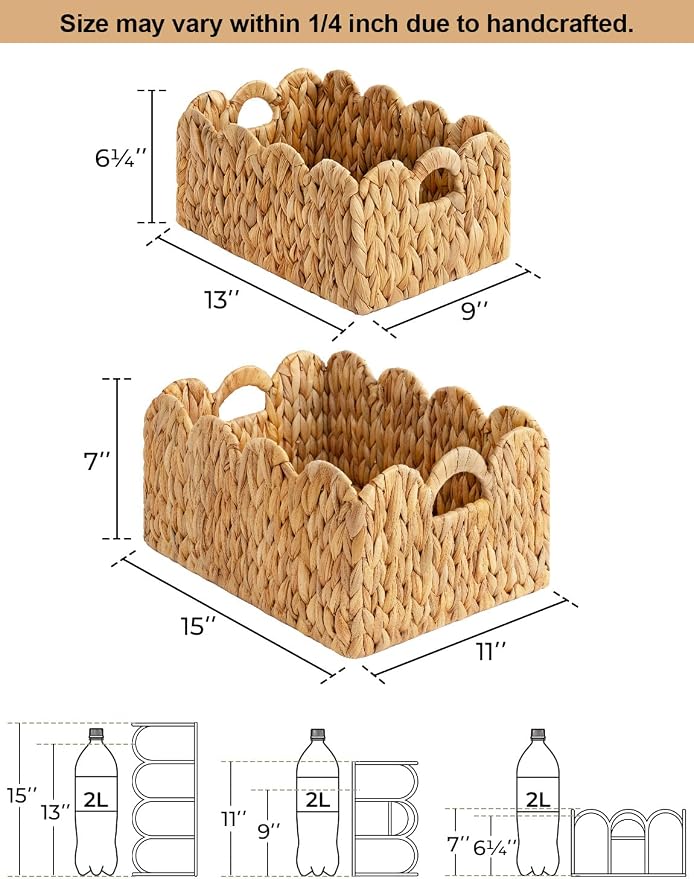 StorageWorks Scalloped Edge Wicker Basket, Hand-woven Rattan Baskets with Built-in Handles, Water Hyacinth Basket for Organizing and Decor, 2 Pack | Woven Baskets for Storage, Wicker Storage Baskets for Shelves, Large Wicker Basket, Shelf Basket with H... - Image 3