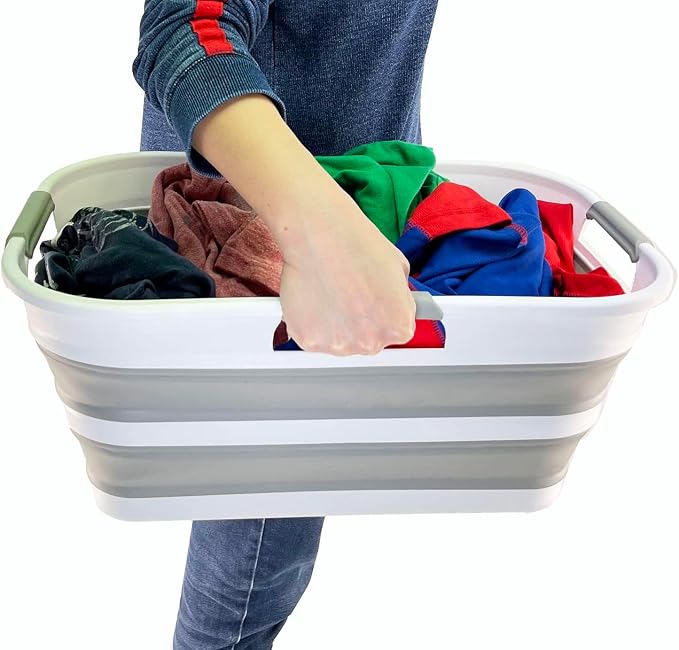 SAMMART 21L (5.5 Galloons) Collapsible Plastic Storge Basket - Foldable Pop Up Storage Container/Organizer - Portable Washing Tub - Space Saving Hamper/Basket (White/Grey) - Image 8