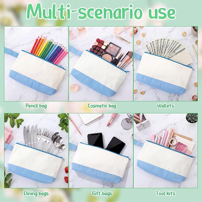 Sanwuta 30 Pcs Canvas Tote Bags Bulk with Zipper Cosmetic Pouch,Light Blue | 18.5" Reusable Cotton Shopping Bag with Handle for DIY Craft - Image 6