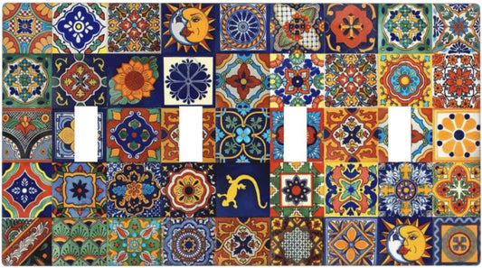 Talavera Mexican Tiles Traditional Color Decoration Print Light Switch Covers Quad Toggle Electrical Faceplate 4 Gang Wall Plate Decorative Switch Plates for Kitchen Bathroom Decor