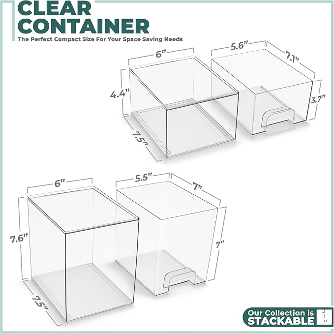Sorbus Clear Stackable Storage Drawers (2 Pack, 7.6'' and 4.4'' Tall) | Acrylic containers with pull-out bins keep cosmetics, brushes and daily items sorted on bathroom counters or in cabinets. - Image 3