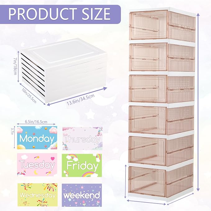 6 Shelf Daily Weekly Clothes Organizer for Kids Foldable Weekly Hanging Closet Organizer with Door Plastic Closet Storage for Boys and Girls Monday Through Friday Essential Stuff（Light Brown） - Image 3