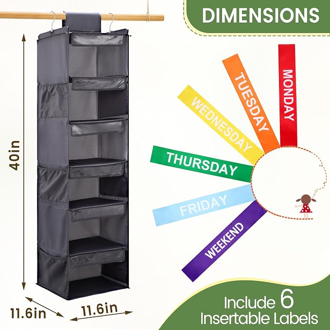 6-Shelf Weekly Clothes Organizer for Kids, Hanging Daily Closet Organization with 6 Side Pockets, Days of The Week Clothing Divider Storage for Boys and Girls (Grey) - Image 2