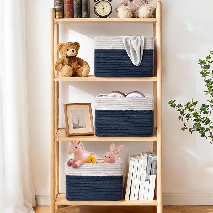 Storage Baskets for Organizing, 4 Pack Baskets for Shelves, Decorative Storage Bins for Shelves, Cotton Rope Storage Basket with Handles, Woven Basket for Storage, 13''Lx8.7''Wx7.9''H, White & Blue - Image 2