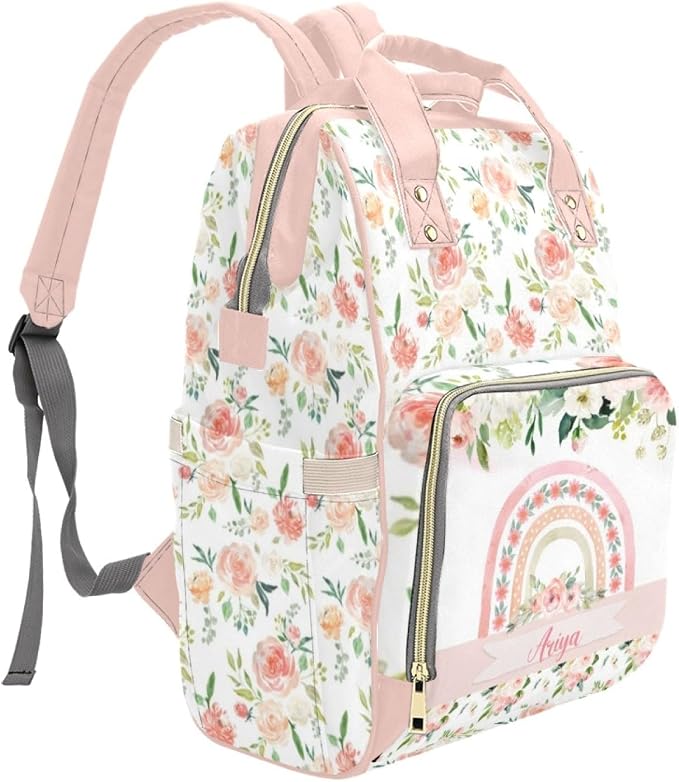 Custom Diaper Bag with Name Personalized Floral Rainbow Nylon Travel Backpack for Holiday Travel Customized Nappy Changing Bag with Pockets for New Mom - Image 3