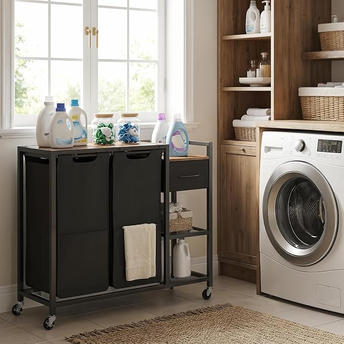 HOOBRO 2 Section Laundry Sorter with Shelf, 24 Gal. (90.8 L) Laundry Hamper with Wheels, Rolling Laundry Basket with Fabric Drawer, 3-Tier Shelves, Side Pockets, Black and Rustic Brown BF27XY01 - Image 8