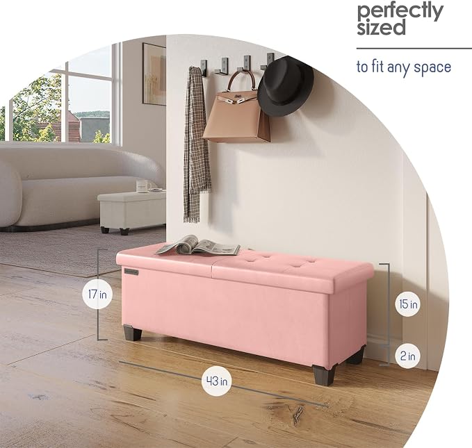 Storage Ottoman Bench with Bins, 43-in Storage Bench for Bedroom End of Bed, Folding Foot Rest Ottoman for Living Room Max 660lbs, Leather Ottomans, Pink - Image 8