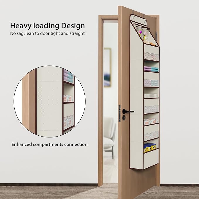 Univivi Fabric Over Door Hanging Organizer for Baby Nursery, Beige, 6-Shelf | Door Storage with Large Capacity Breathable Mesh Pockets, Over the Door Organizer for Baby Essential, Bedroom and Dorm - Image 2