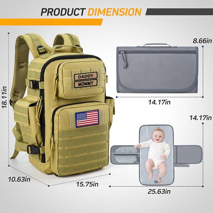 SHARKMOUTH Military Diaper Bag for Baby - Large Baby Backpack with Changing Pad for Boy Girl - Army Dad Diaper Bag for Hiking Travel Camping Trips Tan - Image 3