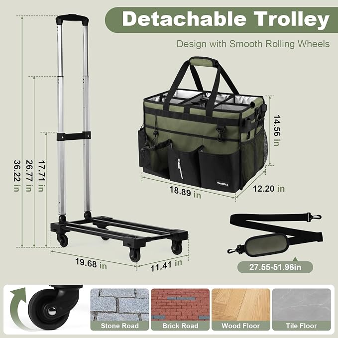 Extra-Large Rolling Cleaning Caddy with Wheels,Cleaning Caddy Bag with Detachable Trolley,Water Resistant Lining Cleaning Supply Organizer with Handle for Cleaners,Housekeepers (Army Green) - Image 2