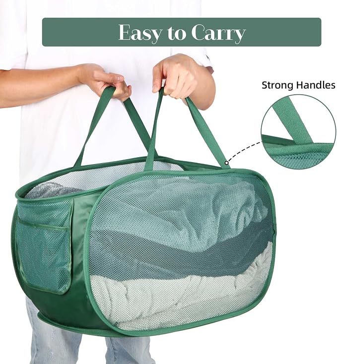 Sturdy Mesh Pop Up Laundry Hamper, Collapsible Laundry Baskets with Side Pocket, Foldable Clothes Hamper with Reinforced Carry Handles for Laundry, Bathroom, Kids Room, Dorm or Travel Emerald - Image 4