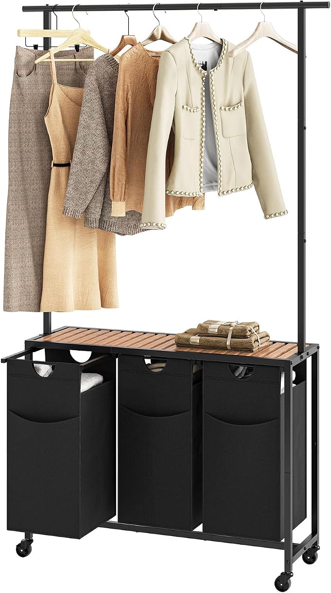 Laundry Sorter 3 Section, Rolling Laundry Hamper with Hanging Rack, Laundry Sorter with Wheels, Hampers for Laundry, Laundry Basket Organizer for Laundry Room, Rustic Brown LS37BR by Yatiney