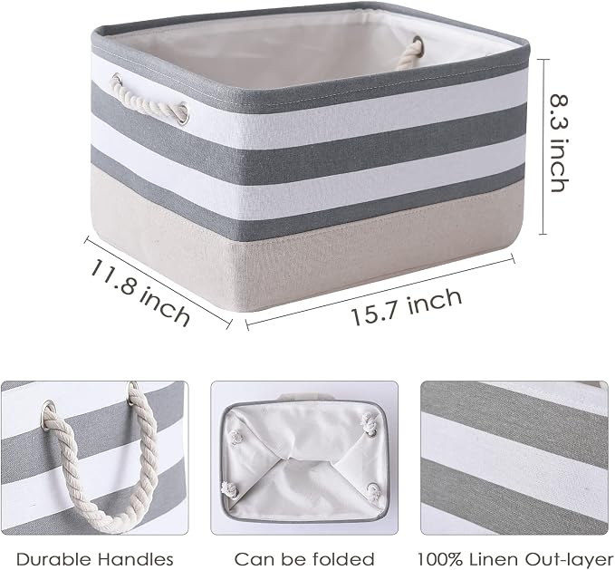 Storage Basket Fabric Basket with Handles Dog Toy Basket Cloth Storage Bin Shelf Basket Decorative Storage Basket Shoe Basket Gift Basket(Grey&White Stripes-1 Pack,15.7L×11.8W×8.3H) - Image 4