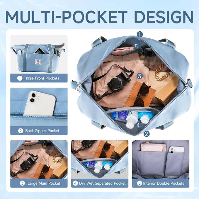 WALNEW Travel Duffel Bag, Weekender Bag for Women, Light Blue | Overnight Carry On Bag, Foldable Waterproof Gym Luggage with Metal Buckle Detachable Shoulder Strap and Wet Compartment - Image 6