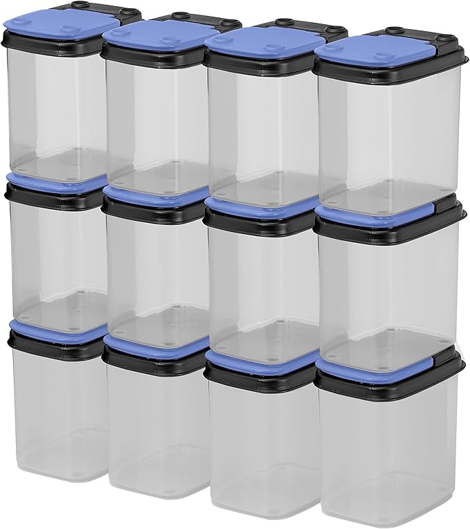 Buddeez Stackable Hardware Storage Bins, 1 Quart, 12-Pack, Blue Lids | Clear bins for easy visibility, Stackable lids, Organizes nuts, bolts, screws and small parts, Workshop or garage storage by Buddeez