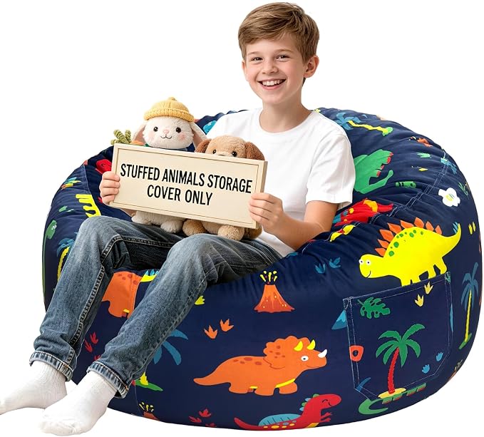 Lukeight Dinosaur Stuffed Animal Storage Bean Bag Chair Cover for Teens, Velvet Plush Toy Organizer Seat, Cover Only, No Filling Included, Long YKK Zipper, Side Pocket, XX-Large 36"D x 20"H by Lukeight