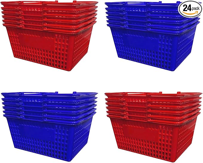 Stackable Plastic Shopping Baskets, Red and Blue, Easy-Grip Handles for Grocery, Retail, Liquor Stores, Home Use (24-Pack, Red & Blue Assorted) by C-Store+Packaging
