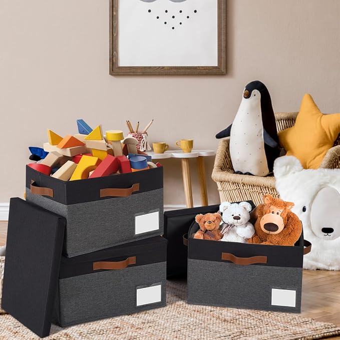 GhvyenntteS Storage Bins with Lids 6 Pack, Large Storage Baskets with Lid and 3 Handles, Foldable Fabric Storage Boxes with Lid and Label for Home Office (Grey&Black, 15" x 11" x 9.7") - Image 6