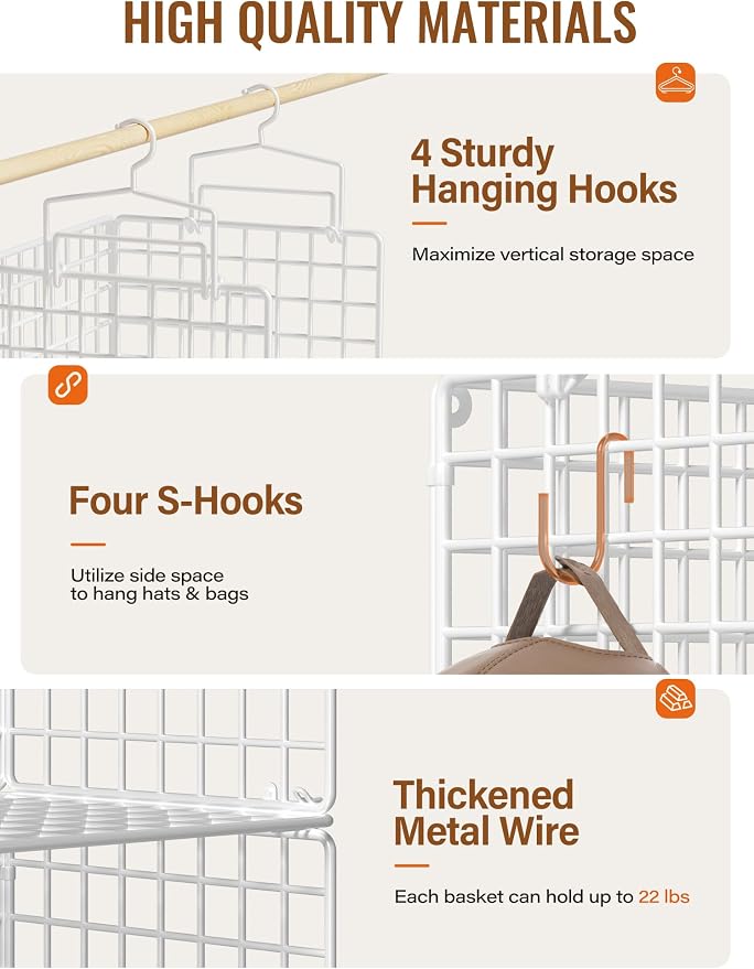 6 Tier Closet Hanging Organizer, Metal Closet Organizers and Storage with 4 Hanging Hooks 4 S-Hooks for Wardrobe Laundry Room, Wire Storage Shelf for Clothes Sweaters Pants (White) - Image 3