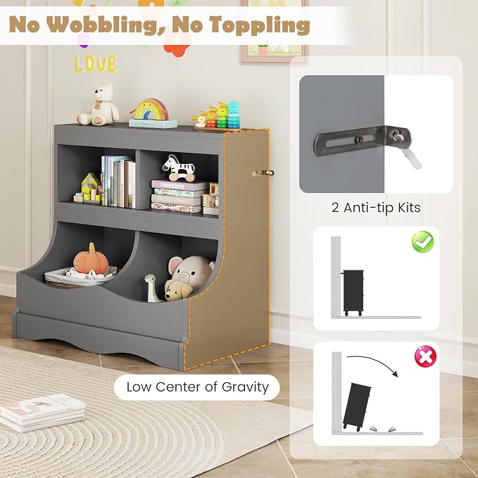 HONEY JOY Kids Toy Storage Organizer, 4-Cubby Wooden Bookcase Cabinet, 2-Tier Open Daycare Shelf for Preschool, Kids Display Bookshelf for Bedroom, Playroom, Classroom & Nursery (Gray) - Image 4
