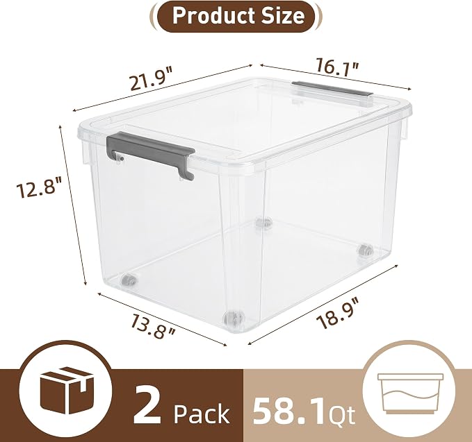 Citylife 58.1 QT Plastic Storage Bins with Latching Lids Stackable Storage Containers for Organizing Large Clear Storage Box for Garage, Closet, Classroom, Kitchen, 2 Packs - Image 2