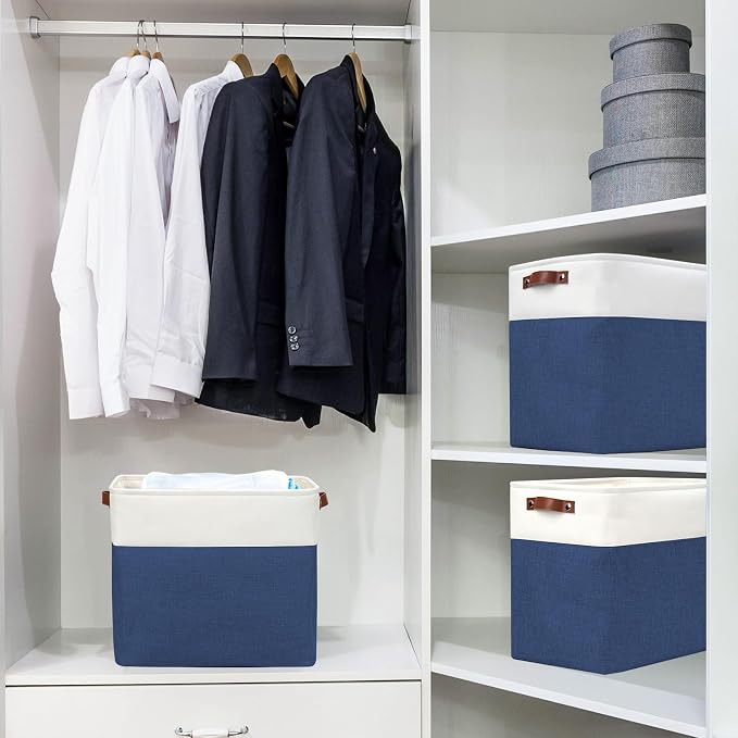 Large Fabric Storage Baskets | 50L Storage Bins, Decorative Linen Closet Baskets with Handles for Organizing, Shelf, Toys, Clothes, Home, Office, Nursery, 17x12x15Inches (Navyblue&White) - Image 2