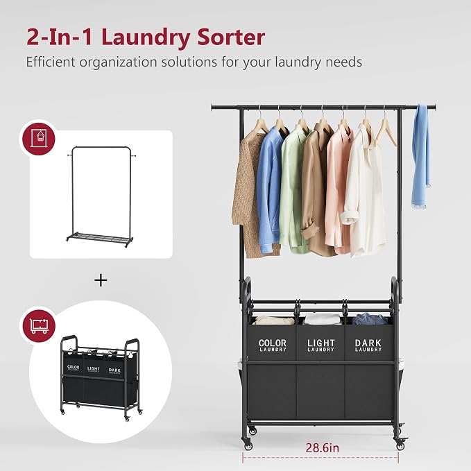 Laundry Sorter with Hanging Bar, 3 Section Laundry Hamper, Black | 39 Gal Laundry Sorter with Hanging Rod and Removable Bags, Divided Laundry Basket Organizer for Bedroom, Bathroom, Home - Image 3