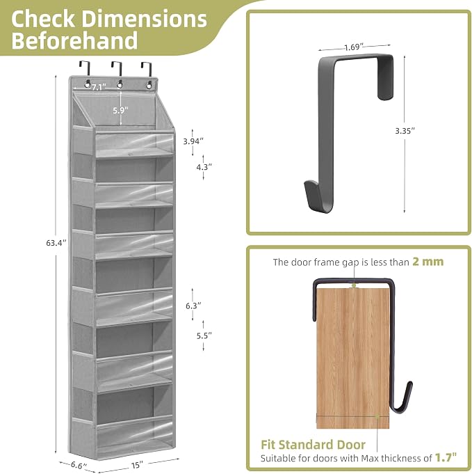 Over Door Organizer with 6 Extra Large Pockets 12 Side Pockets, Sturdy Closet Storage Rack, Hanging Storage Organizer with Clear Window for Shoes, Diapers, Bedroom, Bathroom, Grey - Image 2
