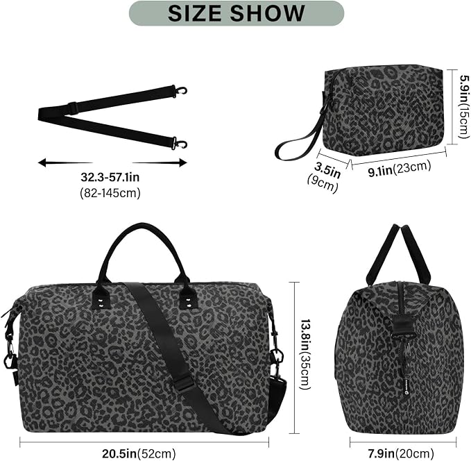 Large Travel Duffel Bag Sports Tote Gym Bag Overnight Weekender Bags Dark Gray Leopard Cheetah Print Carry On Luggage with Toiletry Bags - Image 3