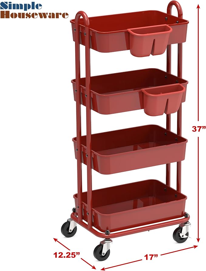 Simple Houseware 4-Tier Rolling Utility Cart with Hanging Bucket, Red | Storage for Bathroom, Kitchen, Office, Study Room, Nursery Diaper - Image 6