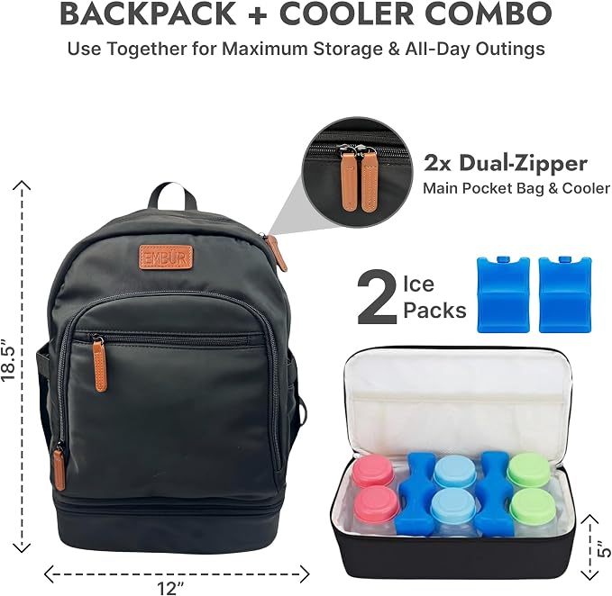 EMBUR Diaper Bag Backpack with Detachable Insulated Cooler – Waterproof, Lightweight Baby Bag with Multi-Compartments, Stroller Straps, Changing Pad, Large Capacity, Ice Packs Included - Image 3