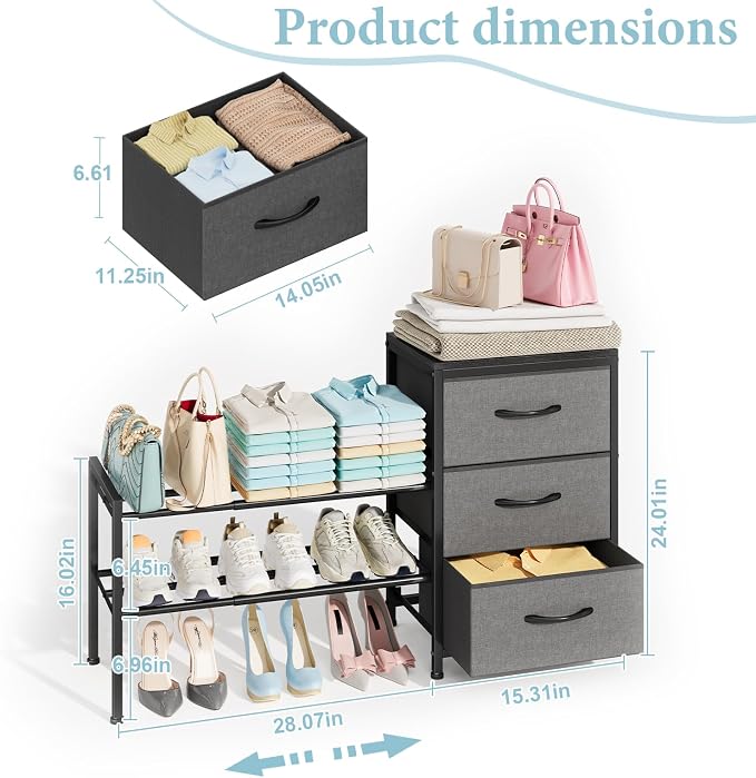 Cidaziya Expandable Closet Organizers and Storage, Black Fabric Storage Dresser, 3 Drawer Dresser, Clothes Shelves for Kids, Purse Organizer Small Shoe Rack for Closet Bedroom(31.29~43.42 in) - Image 2
