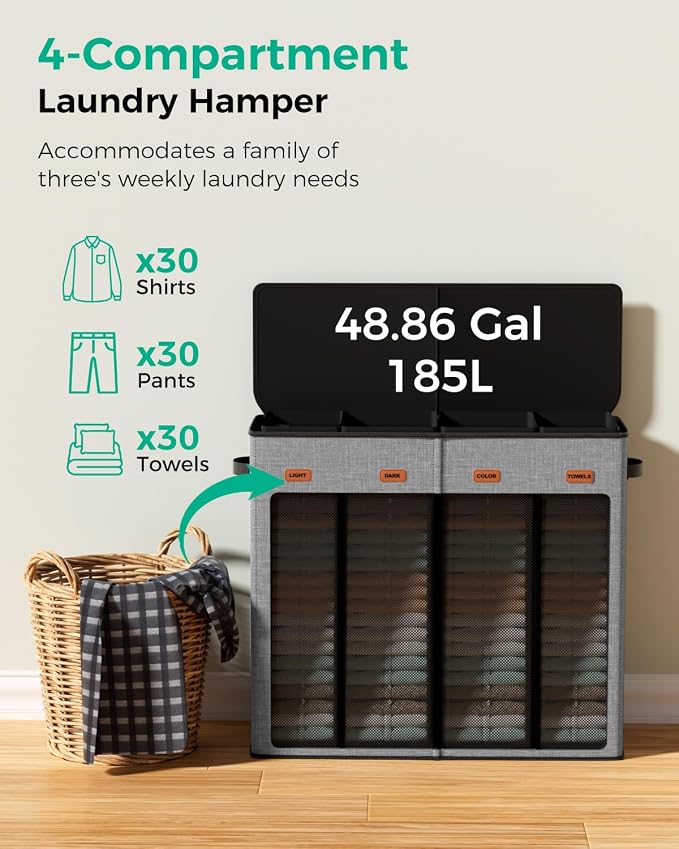 185L Laundry Hamper 4 Section with Lid & Removable Bags | Collapsible laundry basket organizer for laundry room, bedroom & dorm with 5 removable washing bags - Image 5