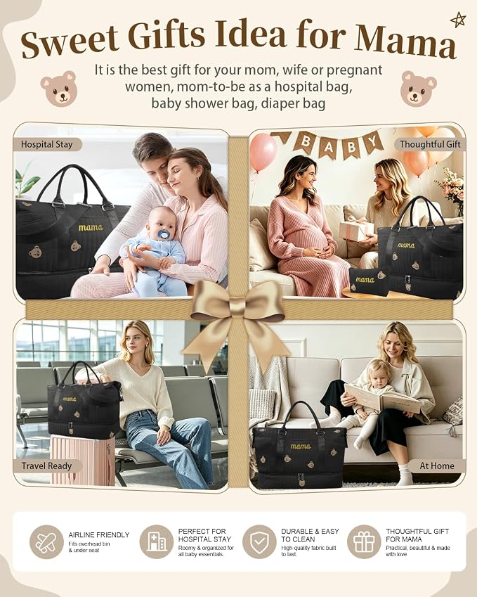 Mama Maternity Hospital Bag Essentials for Women Labor Delivery Baby Diaper Organizer with Shoe Compartment & Toiletry Pouch Travel Duffle Bag for Pregnancy Mommy Weekender Overnight Gifts,Black Bear - Image 3