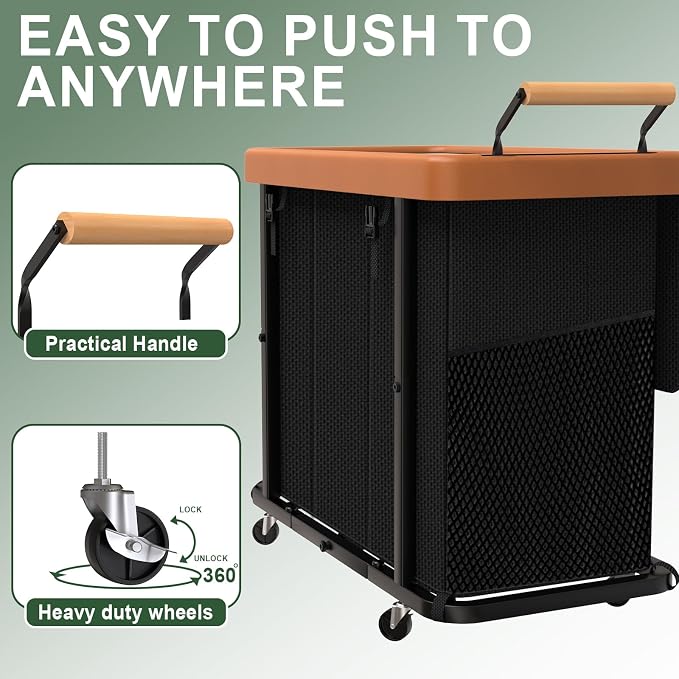 Laundry Hamper 3 Section with Lid,230L Rolling Dirty Clothes Hamper Black | Laundry Basket with Wheels,Laundry Organizer Storage Cart with Sturdy Metal Frame and Wooden Handle for Laundry Room, Hotel - Image 3