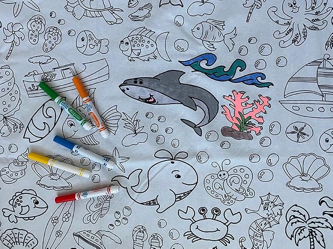 Oceantime Fun Design – Square Tablecloth 60”X60” - Interactive Coloring Tablecloth for Kids – Poly/Cotton Fabric - Washable and Reusable – DIY Activity for Children and Adults by TheColoringTable