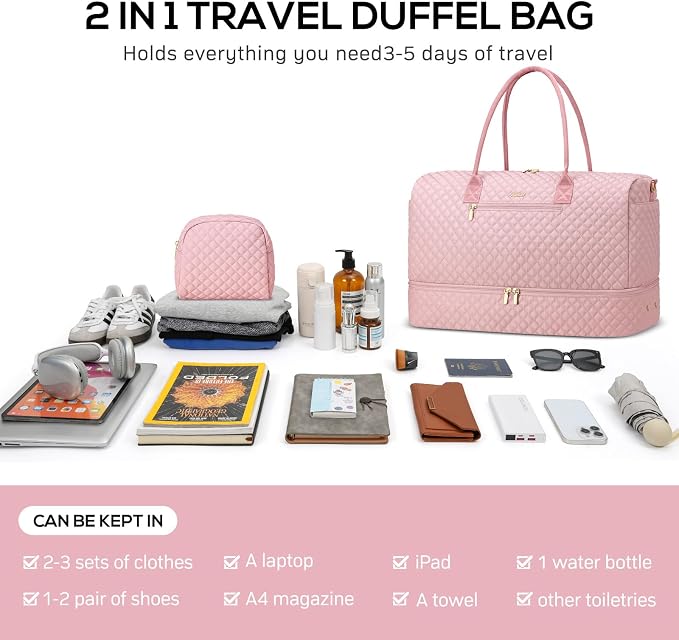 Travel Weekender Bags for Women - Duffle Bag Women with Shoe Compartment Carry On Overnight Bag with Toiletry Bag Duffel Bags with Wet Pocket for Gym Hospital Bags for Labor and Delivery Pink - Image 4