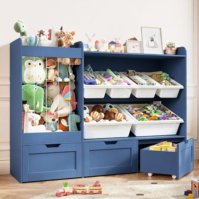 VontinT 50.6" W Montessori Toy Storage with Bins & Rolling Drawers, Wooden | Large Toy Cabinet with 6 Plastic Bins, 3 Rolling Boxes, 140L Stuffed Animal Storage, Toddler Rack for Kids Playroom, Blue by VortinT