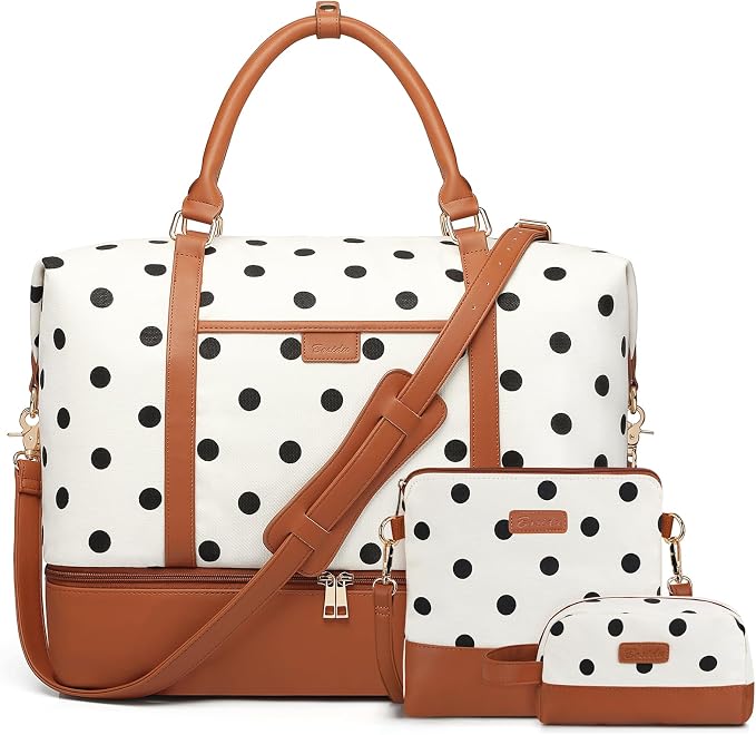 3Pcs Set Polka Dots Weekender Bags for Women Canvas Carry On Overnight Bag Travel Duffle Tote Bag for with Shoes Compartment, Brown by Bosidu