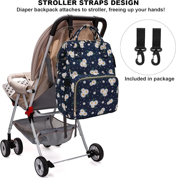Daisy Baby Diaper Bag Backpack for Women, Large Capacity Waterproof Maternity Travel Nappy Backpacks with Stroller Straps - Image 5