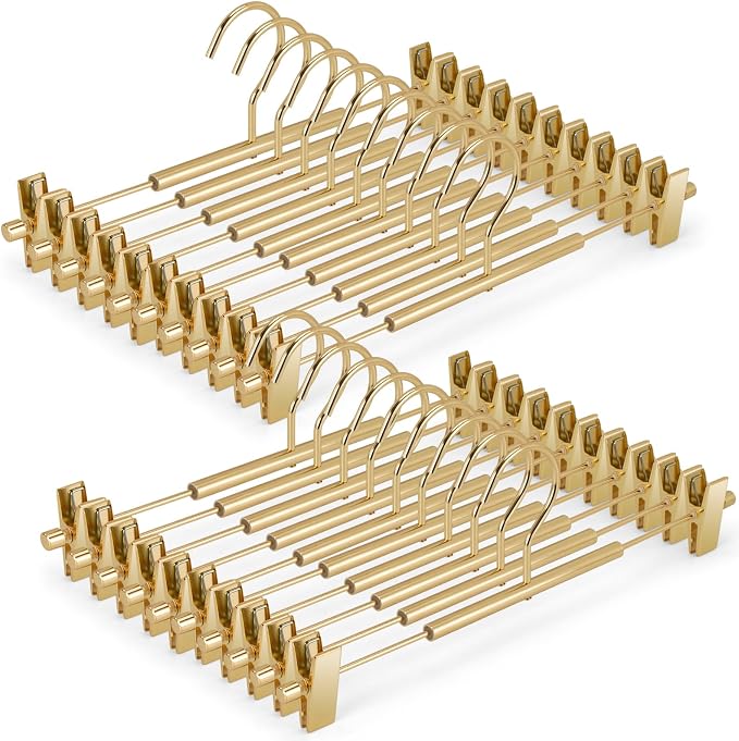 VWV 20 Pack Pants Hangers with Clips, 12.4 Inch Aluminum Skirt Hangers with 360° Swivel Hooks, Heavy Duty Space Saving Closet Hangers for Jeans, Slacks, Shorts (Gold) by Designedforluxuryhangers