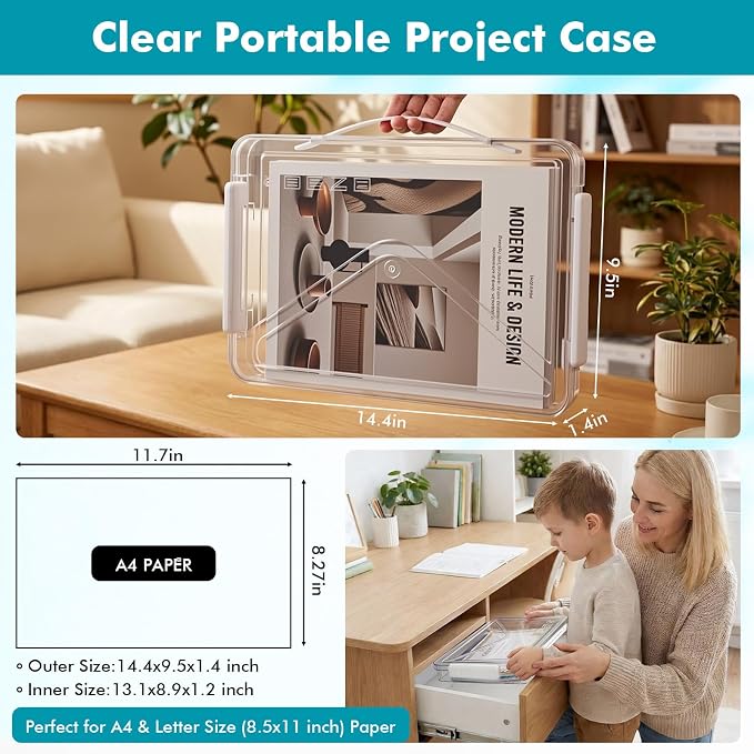 5 Pack Clear File Storage Box Portable Paper Case with Lid Handle,White | 11.7" x 8.27", Stackable A4 Paper Document Organizer for Scrapbook, Photos, Board Game, Craft and Art Supplies - Image 3