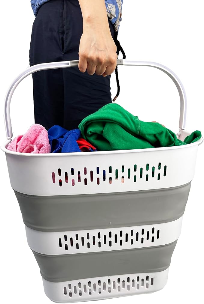 SAMMART 40L (10.5 Gallon) Collapsible Plastic Laundry Basket with Handles - Foldable Pop Up Storage Container/Organizer - Portable Laundry Hamper - Space Saving (2, White/Grey) - Image 8