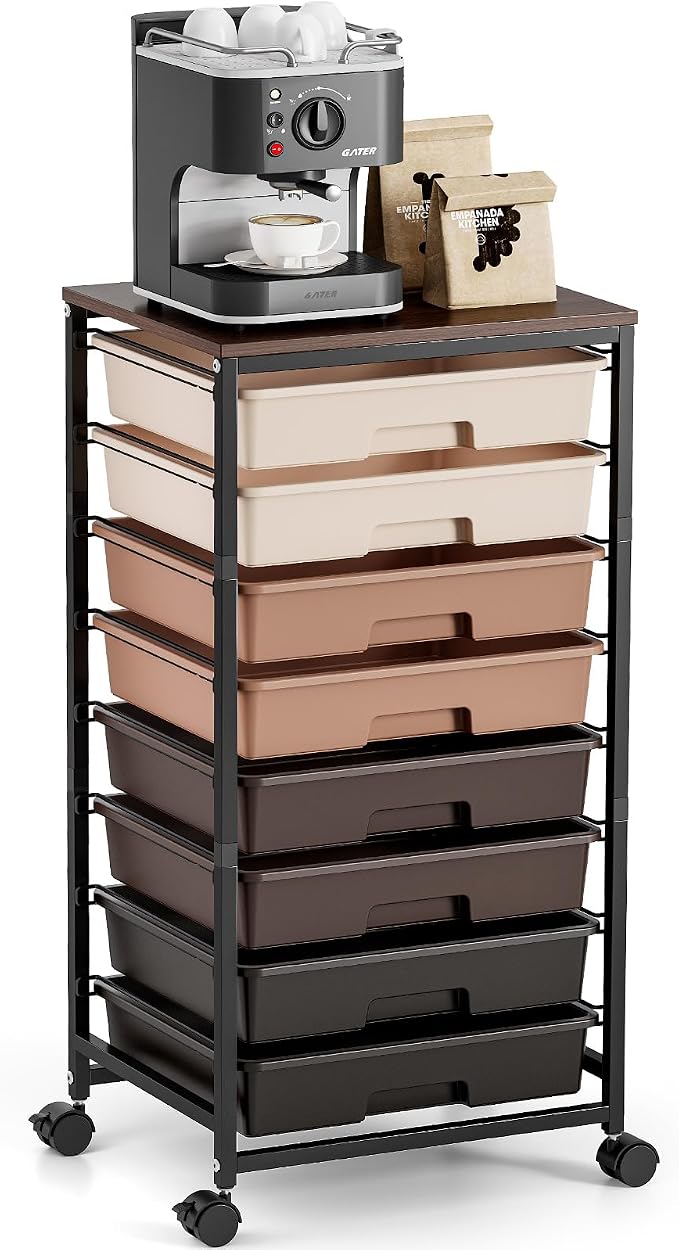 TOOLF Rolling Storage Cart with 8 Drawers,Brown | Utility Cart on Wheels with Wooden Tabletop,Teacher Organization for Classroom, Art Cart for Office,Bedroom,Craft Room by TOOLF