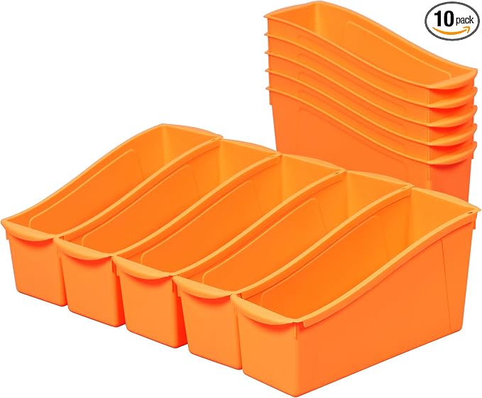 ECR4Kids Linking Storage Book Bins, Interlocking, 10-Piece, Neon Orange | Durable plastic with built-in handles, interlocking, nestable, ideal for books, magazines, and files in a classroom or office by ECR4Kids