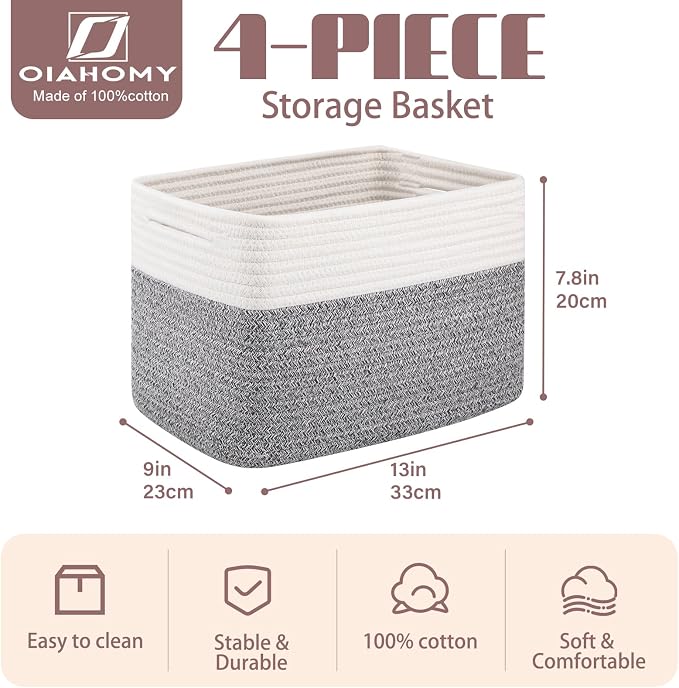 OIAHOMY 4 Pack Storage Basket, 13"x9"x7.8" Cotton Rope Baskets for Shelves, Closet Organizer for Bedroom & Living Room, Soft Decorative Bins for Organizing Towels, Books & Toys, Grey & White - Image 2