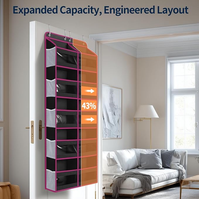 Yecaye 5-Tier Over The Door Organizer Dual-Column, 80lbs Load Over The Door Storage of 10 Compartments, Heavy Duty Door Organizer Hanging for Bedroom Closet Dorm Bathroom Pantry, Black and Pink 1 Pack - Image 3