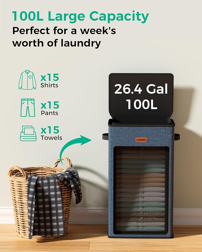 100L Laundry Hamper with Lid, Sturdy Clothes Hamper Heavy-Duty Laundry Basket Supports 30lb, Collapsible for Bathroom Bedroom Laundry Room Dorm - Image 3