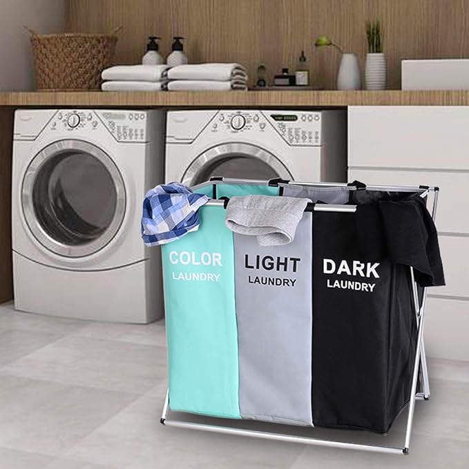 135L Laundry Cloth Hamper Sorter Basket Bin Foldable 3 Sections with Aluminum Frame 26''×24''H Washing Storage Dirty Clothes Bag for Bathroom Bedroom Home Storage basket (3 Liner, Green+grey+black) - Image 7